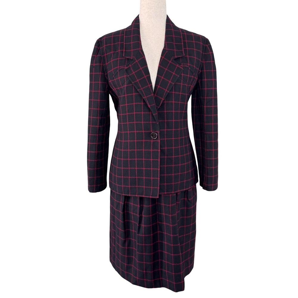 Oscar de la‎ Renta 90s Wool Skirt Suit Black Red Windowpane Plaid Size 6